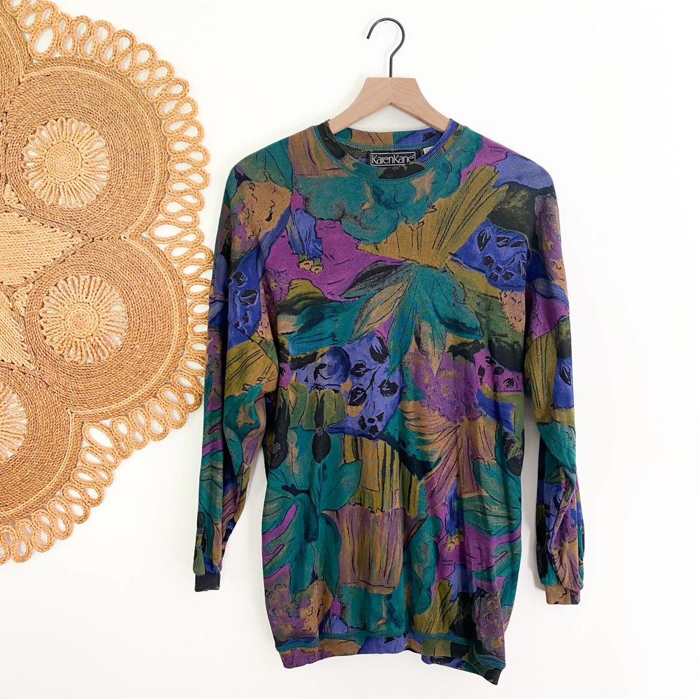 Vintage 90s Grunge Karen Kane Lightweight Oversized Abstract Floral Sweater - Picture 1 of 9